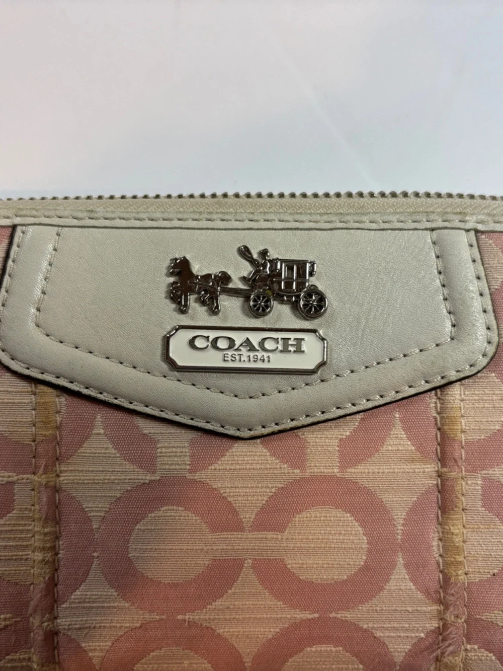Coach Pink and Cream Signature Zip Wallet with Horse & Carriage Plaque